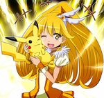  ;d blonde_hair blush blush_stickers choker creature crossover cure_peace electricity eyelashes gen_1_pokemon hair_flaps head_wings kayama_kenji kise_yayoi magical_girl one_eye_closed open_mouth pikachu pokemon pokemon_(creature) power_connection precure revision smile smile_precure! tail tiara wrist_cuffs yellow yellow_choker yellow_eyes 