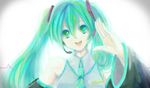  detached_sleeves green_eyes green_hair hatsune_miku headset long_hair necktie open_mouth rontarou solo twintails vocaloid 