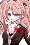  1girl :d bear_hair_ornament black_choker blonde_hair blue_eyes bow breasts brown_shirt choker cleavage collarbone danganronpa:_trigger_happy_havoc danganronpa_(series) enoshima_junko green_eyes grey_background hair_ornament highres large_breasts red_bow shirt simple_background smile solo sora_hikage teeth twintails upper_teeth_only 