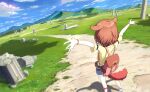  2girls alternate_costume backpack bag blue_shorts blue_sky bracelet brown_bag brown_hair cloud cloudy_sky column commentary_request day dog_girl dog_tail from_behind grass hololive inugami_korone jewelry mountainous_horizon multiple_girls nekomata_okayu nokisaki_nibosi outdoors outstretched_arms partial_commentary pillar ruins shirt shorts sky spread_arms standing tail trail virtual_youtuber walking wide_shot yellow_shirt 