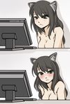  2koma :&lt; animal_ears artist_request black_hair blush breasts cat_ears censored cleavage comic convenient_censoring green_eyes long_hair looking_at_viewer medium_breasts monitor nude solo source_request when_you_see_it 