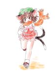  1girl animal_ears bare_legs bow bowtie brown_eyes brown_hair cat_ears cat_tail chen commentary_request dress fang forked_tail frills full_body green_headwear hat juliet_sleeves long_sleeves miniskirt mob_cap nekomata open_mouth orange_scarf petticoat puffy_sleeves red_dress running scarf short_hair si_geru3 simple_background skirt slit_pupils solo tail touhou white_background white_bow white_bowtie 