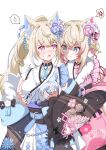  2girls absurdres animal_ear_fluff animal_ears belt black_sash blonde_hair blue_belt blue_eyes blue_hair blue_kimono breasts closed_mouth dog_ears dog_girl ekaki_mato floral_print_kimono flower fuwawa_abyssgard fuwawa_abyssgard_(new_year) grabbing grabbing_another&#039;s_breast hair_flower hair_ornament highres hololive hololive_english japanese_clothes kimono large_breasts long_hair looking_at_another mococo_abyssgard mococo_abyssgard_(new_year) multicolored_hair multiple_girls obi official_alternate_costume open_mouth pink_belt pink_eyes pink_hair pink_kimono ponytail sash short_hair siblings sisters sleeveless sleeveless_kimono streaked_hair twins twintails virtual_youtuber white_background 
