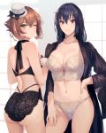 2girls ass black_bra black_coat black_hair black_panties blush bra breasts brown_hair cleavage closed_mouth coat collarbone cowboy_shot green_eyes hair_between_eyes hand_on_own_hip hat highres jewelry kantai_collection kasumi_(skchkko) large_breasts long_hair long_sleeves looking_at_viewer mini_hat mini_top_hat multiple_girls mutsu_(kancolle) nagato_(kancolle) necklace one_eye_closed open_clothes open_coat panties red_eyes smile top_hat underwear white_bra white_headwear white_panties 