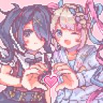  2girls 4_74obake ame-chan_(needy_girl_overdose) black_hair black_ribbon blonde_hair blue_bow blue_eyes blue_hair bow chouzetsusaikawa_tenshi-chan collared_shirt cowboy_shot dual_persona hair_bow hair_ornament hair_over_one_eye heart heart_hands heart_hands_duo long_hair long_sleeves looking_at_viewer multicolored_hair multiple_girls nail_polish neck_ribbon needy_girl_overdose one_eye_closed open_mouth outline pink_background pink_bow pink_hair pixel_art purple_bow quad_tails red_shirt ribbon sailor_collar shirt skirt smile standing suspender_skirt suspenders twintails white_outline x_hair_ornament 