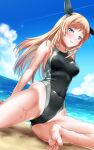  1girl :t ass_visible_through_thighs beach black_one-piece_swimsuit blue_eyes blue_sky breasts brown_hair day headgear highres kantai_collection long_hair looking_at_viewer medium_breasts one-piece_swimsuit orange_hair salmon_(kancolle) sand sitting sky solo swimsuit tsuchimiya water 