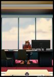 3d_(artwork) anthro brown_body brown_fur canid canine canis chair clothing comic comic_panel desk dialogue digital_media_(artwork) dransvitry electronics english_text fur furniture hair hi_res lance_(striped_sins) male mammal monitor necktie office office_chair paper shirt solo striped_sins table text topwear url willitfit window wolf yellow_eyes