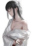  1girl black_hair bow breasts cleavage closed_eyes closed_mouth collarbone commentary_request hair_bow highres iori_utahime japanese_clothes jujutsu_kaisen kimono large_breasts long_hair off_shoulder raberu_ruru scar scar_on_face solo upper_body white_background white_bow white_kimono 