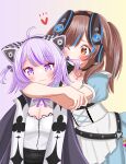  2girls absurdres ahoge arms_around_neck biting_hair black_choker black_hairband blue_dress blush bow_hairband brown_eyes brown_hair cat_girl chest_belt chest_harness choker closed_mouth commentary_request dog_girl dress gradient_background hairband harness heart highres hololive inugami_korone inugami_korone_(6th_costume) jewelry key key_necklace long_hair looking_at_another looking_at_viewer mahadara multicolored_hair multiple_girls necklace nekomata_okayu nekomata_okayu_(6th_costume) o-ring o-ring_choker official_alternate_costume official_alternate_hairstyle one_eye_closed pink_background potion purple_eyes purple_hair shirt short_hair simple_background smile streaked_hair swept_bangs two_side_up upper_body vial virtual_youtuber white_background white_shirt yuri 