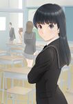  1boy 3girls amagami ayatsuji_tsukasa black_eyes black_hair black_jacket black_sailor_collar blazer brown_hair chair classroom closed_mouth desk grey_skirt hiding highres indoors jacket kamizaki_risa kero320 kibito_high_school_uniform long_hair looking_at_viewer multiple_girls open_door pleated_skirt sailor_collar school_chair school_desk school_uniform skirt standing 