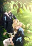  2girls against_tree ahoge andou_tazusa animal animal_hug antenna_hair arm_at_side assault_lily black_ribbon black_skirt blonde_hair blurry blurry_foreground cat closed_eyes closed_mouth commentary cropped_jacket dappled_sunlight day feet_out_of_frame flower frilled_skirt frills grass green_hair green_thighhighs hair_between_eyes hair_ribbon hand_on_another&#039;s_head hand_up high-waist_skirt high_ponytail highres juliet_sleeves knees_together_feet_apart lap_pillow leg_ribbon legs_together long_sleeves lying miniskirt multicolored_thighhighs multiple_girls neck_ribbon nuenue on_grass on_ground on_side outdoors ponytail profile puffy_sleeves ribbon school_uniform shirt short_hair sitting skirt smile striped_clothes striped_ribbon striped_thighhighs sunlight thigh_ribbon thighhighs tree tree_shade two_side_up white_flower white_shirt white_thighhighs yellow_ribbon yellow_thighhighs yoshimura_thi_mai yuri yurigaoka_girls_academy_school_uniform zettai_ryouiki 