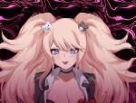 1girl :p black_choker black_shirt blonde_hair blue_eyes blush bow breasts choker cleavage collarbone danganronpa:_trigger_happy_havoc danganronpa_(series) enoshima_junko highres hy_(fjvlg) large_breasts pink_background red_bow shirt smile solo tongue tongue_out twintails 