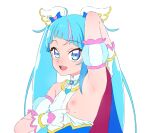  1girl arm_up armpits blue_eyes blue_hair breasts cure_sky detached_sleeves dress gloves himokawa_udon hirogaru_sky!_precure long_hair looking_at_viewer magical_girl multicolored_hair nipples one_breast_out open_mouth pink_hair precure puffy_detached_sleeves puffy_sleeves simple_background single_sidelock small_breasts smile solo sora_harewataru streaked_hair twintails two-tone_hair upper_body white_background wing_hair_ornament 