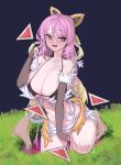  1girl between_legs blush breasts bridal_gauntlets collarbone cosplay duel_monster elbow_gloves gloves gransolfachord_coolia grass hand_between_legs hand_up large_breasts open_mouth purple_eyes purple_hair solo tartarie traptrix_rafflesia traptrix_rafflesia_(cosplay) yu-gi-oh! 