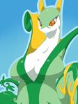  blue_background blush breasts bust cleavage clothed clothing female green green_body large_breasts nintendo no_humans plain_background pok&#233;mon pok&eacute;mon pokemon red_eyes reptile scalie serperior snake solo sunibee sunnysoda video_games yellow_eyes 