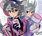  2boys :&lt; animal_ear_fluff bag black_eyes black_shirt bodysuit chinchilla_boy chinchilla_ears chinchilla_tail closed_mouth cup disposable_cup drinking_straw ears_through_headwear grey_hair grid_background hair_between_eyes hand_up headset high_collar highres holding holding_bag holding_cup licking_lips long_hair long_sleeves looking_at_viewer male_focus mouth_hold multicolored_background multicolored_hair multiple_boys original pet_food pink_bodysuit racing_suit see-through_headwear shirt soda soreeyu_(sore-yu) stalk_in_mouth streaked_hair tongue tongue_out turtleneck underwear visor_cap white_background 