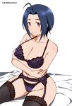  1girl absurdres arms_under_breasts bed black_thighhighs box_wonderland breasts highres idolmaster idolmaster_(classic) lace-trimmed_legwear lace_trim large_breasts lingerie looking_at_viewer miura_azusa navel red_eyes short_hair smile thighhighs underwear 
