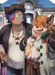 absurd_res ahoge anthro belly canid canine clothing duo eye_patch eyewear fox fur hair hat headgear headwear hi_res human iyo_(tamacolle) male male/male mammal necktie one_eye_closed orange_body orange_fur overweight purple_hair reo_oil tamacolle wink