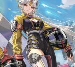  1girl blonde_hair car clothes cloud cropped genshin_impact helmet motor_vehicle ningguang_(genshin_impact) non-web_source pants racing sky third-party_edit 