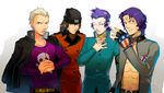  american_flag_gloves aragaki_shinjirou beanie blonde_hair blue_eyes blue_hair brown_eyes brown_hair crossover double-breasted fingerless_gloves gloves hat jewelry kido_reiji mishina_eikichi multiple_boys nail_polish one_eye_closed onopiyo persona persona_1 persona_2 persona_3 persona_4 red_eyes ring scar school_uniform short_hair st._hermelin_school_uniform tatsumi_kanji trench_coat 