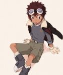  1boy black_eyes blue_shirt boots brown_hair digimon digimon_adventure_02 gdn0522 gloves goggles goggles_on_head green_shorts highres jacket jacket_on_shoulders male_focus motomiya_daisuke parted_lips shirt shorts signature simple_background sitting solo spiked_hair white_gloves 