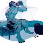 anthro ball basketball_(ball) bodily_fluids bottomwear clothing drinking felid fur hi_res looking_at_viewer male mammal muscular nipples pantherine pawpads scar shirtless shorts snow_leopard solo sweat white_body white_fur yuntian zong_wumi