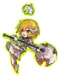  1girl blonde_hair blood blood_on_clothes don_quixote_(project_moon) e.g.o_(project_moon) fur_jacket fur_pants highres holding holding_weapon horns jacket limbus_company lobotomy_corporation looking_at_viewer meat_lantern_(project_moon) open_mouth project_moon roier sharp_teeth short_hair simple_background smile solo teeth weapon white_background yellow_eyes 