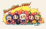  5boys ^_^ belt black_belt black_bomberman blue_bomberman bomb bomberman character_request closed_eyes copyright_name explosive fire full_body kotorai multiple_boys no_mouth no_nose roller_skates signature skates standing thick_eyebrows white_bomberman x 