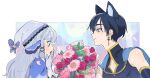  1boy 1girl animal_ears black_hair blue_cape blue_eyes borrowed_character cape commission covering_own_mouth earrings fox_ears gasp gloves grey_gloves grey_hair hat hetero jewelry miyage_no_nukegara original petals skeb_commission smile surprised watermark white_headwear 