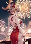  1girl alternate_costume arm_tattoo ass backless_dress backless_outfit bare_arms bare_back bare_shoulders blonde_hair bow breasts commentary cowboy_shot dress fireworks from_behind genshin_impact helloimtea highres long_hair looking_at_viewer looking_back medium_breasts night night_sky outdoors ponytail red_bow red_dress sky sleeveless sleeveless_dress smile solo standing tattoo yellow_eyes yoimiya_(genshin_impact) 