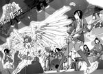  angel_wings band bass_guitar blazer boots comic concert dress drum drum_set electric_guitar elysia_de_lute_ima feathers goddess goidou_yui greyscale guitar hair_ornament highres instrument jacket jumping kami_nomi_zo_shiru_sekai knee_boots kosaka_chihiro minerva_(kaminomi) monochrome multiple_girls nakagawa_kanon plaid plaid_skirt scarf school_uniform skirt skull_hair_ornament spoilers stage stitched takahara_ayumi terada_miyako thighhighs third-party_edit vulcanus_(kaminomi) wakaki_tamiki wings zettai_ryouiki 