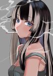  1girl absurdres armpit_crease bare_shoulders black_hair blonde_hair blue_eyes blush camisole cigarette futoshi_tanaka grey_background grey_camisole highres hololive hololive_dev_is juufuutei_raden looking_at_viewer multicolored_hair simple_background smoke smoking solo strap_slip two-tone_hair 