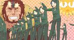  beard black_eyes black_hair carnival_phantasm clone confetti dancing facial_hair fate/zero fate_(series) kuru_ku male_focus multiple_boys parody red_hair rider_(fate/zero) sun super_affection waver_velvet 