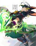  1boy animal_ear_fluff animal_ears artist_logo black_gloves black_hair black_hoodie blue_footwear blue_pants bow_(weapon) corrupted_twitter_file fantasy foot_out_of_frame genshin_impact gloves green_eyes green_hair green_tail hair_between_eyes head_back highres holding holding_bow_(weapon) holding_weapon hood hood_down hoodie hunter&#039;s_path_(genshin_impact) leaning_back looking_at_viewer magic male_focus multicolored_hair outstretched_arm pants ryrmcher short_hair short_sleeves sideways_glance signature solo standing streaked_hair tail tighnari_(genshin_impact) weapon white_background 