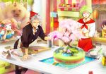  3boys :d :o bear black_hair blue_eyes bowl bridge cherry_blossoms cutting_board frying_pan green_hair hair_cubes hair_ornament hakusai_(tiahszld) hand_on_own_face highres icing jar multiple_boys open_mouth original pink_hair purple_eyes rolling_pin silver_hair smile sweatdrop tree twintails water whisk 