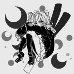  1girl angry bandage_on_face bandage_on_knee bandages black_cardigan black_footwear black_socks black_sweater bruise bruise_on_face cardigan collared_shirt crescent_moon crying crying_with_eyes_open curled_up empty_eyes fetal_position frown greyscale hatsune_miku hugging_own_legs hunched_over injury knees_to_chest long_hair looking_at_viewer marininho messy_hair monochrome moon plantar_flexion pleated_skirt rolling_girl_(vocaloid) school_uniform shirt sitting skirt socks solo spring_onion sweater tearing_up tears twintails vocaloid 