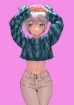  1girl absurdres aduo arms_up blue_eyes blue_shirt commentary_request crop_top double_bun grey_hair grey_pants hair_between_eyes hair_bun highres looking_to_the_side midriff navel original pants pink_background shirt sidelocks simple_background solo stomach striped_clothes striped_shirt thick_eyebrows vertical-striped_clothes vertical-striped_shirt 