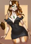 anthro belly black_clothing black_dress breasts brown_background brown_hair chain chain_necklace cleavage clothed clothing cougar curvy_figure dress ear_piercing ear_ring emerald_(gem) felid feline female flowing_hair form_fitting fur fur_tuft gem green_eyes hair hi_res jewelry little_black_dress long_hair looking_at_viewer low_cut_dress mammal medium_breasts multicolored_body multicolored_fur necklace orange_body orange_fur piercing ring_piercing samantha_bennett simple_background skinny slim small_waist smile solo tan_body tan_fur tight_clothing tight_dress tuft two_tone_body two_tone_fur white_belly wide_hips yasmil