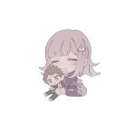  1girl :o backpack bag black_jacket black_thighhighs blush chi_gu chibi closed_eyes danganronpa_(series) danganronpa_2:_goodbye_despair drooling galaga hair_ornament hinata_hajime hugging_doll hugging_object jacket medium_hair miniskirt nanami_chiaki open_clothes open_jacket pink_bag simple_background sitting skirt solo thighhighs white_background 