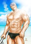  1boy abs bara beach blue_male_swimwear bulge cowboy_shot facial_hair holding holding_weapon kokorozashi large_pectorals light_rays looking_to_the_side male_focus male_swimwear mature_male medium_sideburns muscular muscular_male navel nipples one_piece pectorals scar scar_on_face scar_on_forehead short_hair sideburns_stubble smoke smoker_(one_piece) solo sparse_stubble stitches stomach strongman_waist stubble swim_briefs thighs topless_male tsurime veiny_crotch weapon white_hair 