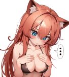  ... 1girl animal_ears bikini black_bikini blue_eyes breasts cat_ears cat_girl cleavage closed_mouth collarbone commentary english_commentary hair_between_eyes kaptivate large_breasts long_hair original red_hair simple_background slit_pupils solo spoken_ellipsis sweatdrop swimsuit white_background 