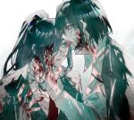  1boy 1girl black_hair blood blood_on_clothes blood_on_face blood_on_hands haloyxxxxxxx hetero high_ponytail highres hong_lu_(project_moon) licking licking_eye limbus_company long_hair missing_eye necktie open_mouth portrait project_moon red_necktie ryoshu_(project_moon) short_hair simple_background very_long_hair white_background 