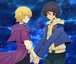  1girl audrey_burne banagher_links blonde_hair brown_eyes brown_hair gundam gundam_unicorn holding_hands jacket miya_(24toys) orange_hair 