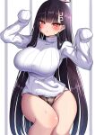  1girl :o absurdres arms_up black_hair black_panties blue_archive blunt_bangs blush breasts commentary_request curvy hair_ornament hairclip halo highres hime_cut kumanosora large_breasts long_hair looking_at_viewer mechanical_halo panties red_eyes ribbed_sweater rio_(blue_archive) sleeves_past_fingers sleeves_past_wrists solo sweater thighs turtleneck turtleneck_sweater underwear very_long_hair white_sweater 