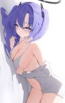  1girl blue_archive blush bra breasts cleavage closed_mouth cowboy_shot grey_bra grey_shirt hair_between_eyes halo highres large_breasts long_hair long_sleeves looking_at_viewer mechanical_halo navel nenight open_clothes open_shirt purple_eyes purple_hair shirt solo two_side_up underwear yuuka_(blue_archive) 