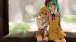  1girl arm_holding bad_id bad_pixiv_id blonde_hair blush crossdressing dress green_eyes green_hair hat hatsune_miku head_on_shoulder kagamine_len lens_flare long_hair otoko_no_ko oumi_sanaka sitting thighhighs vocaloid 