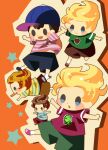  5boys alternate_color black_eyes black_shorts blonde_hair blue_headwear blush_stickers boney brown_shorts character_print clone green_shirt hitofutarai lucas_(mother_3) male_focus midriff mother_(game) mother_2 mother_3 multiple_boys ness_(mother_2) orange_background outstretched_arms player_2 purple_shirt shirt shorts socks solid_oval_eyes spread_arms striped_clothes striped_shirt super_smash_bros. white_socks 