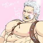  1boy bara blush chocolate chocolate_on_body chocolate_on_pectorals cigar facial_hair food_on_body highres large_pectorals male_focus mature_male medium_sideburns melting muscular muscular_male one_eye_closed one_piece pectoral_focus pectorals pink_background scar scar_on_chest short_hair sideburns_stubble smoker_(one_piece) solo sparse_stubble stubble translation_request tsurime upper_body valentine white_hair wol_1014 