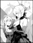  2girls arms_behind_back artoria_pendragon_(fate) braid braided_bun breast_padding breasts closed_mouth dress elbow_gloves expressionless eyelashes fate/stay_night fate_(series) gloves greyscale hair_bun hair_ribbon halter_dress halterneck holding illyasviel_von_einzbern looking_at_another looking_down medium_breasts monochrome multiple_girls open_mouth puff_of_air ribbon saber_alter scarf short_hair sidelocks sleeveless sleeveless_dress surprised syatey upper_body zoom_layer 
