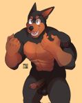abs anthro balls canid canine canis casual_erection casual_nudity dobermann domestic_dog erection fur genitals hi_res humanoid_genitalia humanoid_hands male mammal manly melee_weapon muscular muscular_anthro navel nipples nude pandoboo pecs penis pinscher polearm simple_background solo weapon